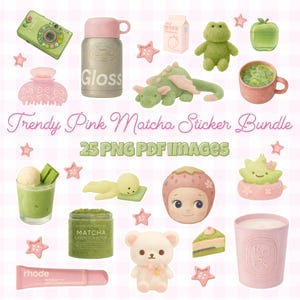 May include: A collection of pink and green themed digital images. Includes a green camera, a pink thermos with "Gloss" text, a strawberry milk carton, a green frog plush, and a matcha drink. The text reads "Trendy Pink Matcha Sticker Bundle" and "25 PNG PDF IMAGES".