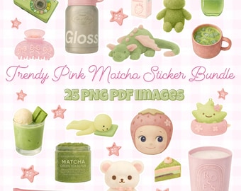 Pacchetto di adesivi alla moda rosa Matcha: Clipart di ragazze pulite, adesivi per album di ritagli (PNG PDF) Download digitale