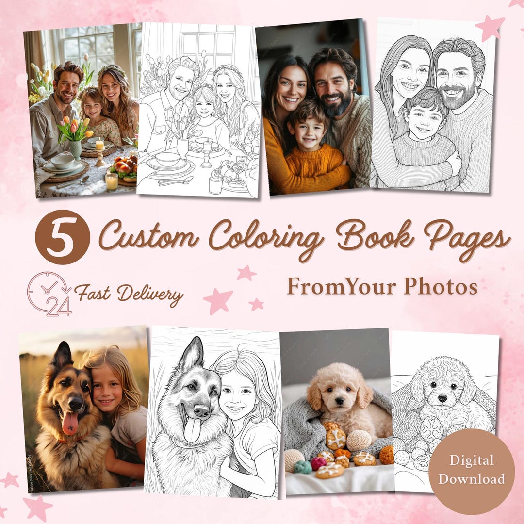 5 Custom Coloring Book Pages From Your Photos , Personalized