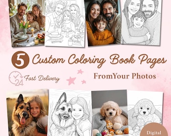 5 pagine da colorare personalizzate con le tue foto, download digitale personalizzato, regalo stampabile per bambini, matrimoni, compleanni