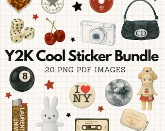 Y2K Sticker Bundle – NYC 2000s Sticker Pack Digitaler Download, Clipart | PNG PDF 20 Digitale Aufkleber für Planer, Scrapbook & zum Basteln