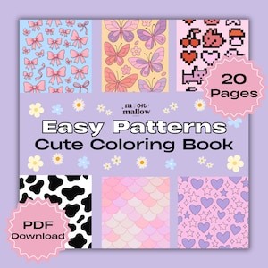 Easy Patterns Cute Relaxing Coloring Book | 20 Pages Digital Printable | Stress Relief for All Ages | Fun and Simple Designs to Color