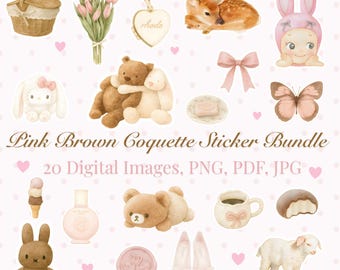 Pacchetto di adesivi Pink Brown Coquette – Pacchetto di adesivi Clean Girl, Clipart / PNG PDF 20 adesivi digitali per planner, album e artigianato