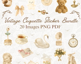 Pacchetto di adesivi Vintage Coquette - Pacchetto di 20 adesivi clipart stravaganti da scaricare digitalmente / Adesivi PNG PDF per planner, album di ritagli e artigianato