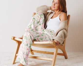 Soft Floral Pajama Pants, Pastel Watercolor Loungewear Pants, Silky Floral Sleepwear Bottom by Yara Lahdo Designs