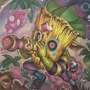 May include: A vibrant illustration depicting a creature with a wooden mask and a telescope, set in a tropical scene. The creature is green with purple details. The background features a pink ghost-like figure, lush foliage, and a starry sky.