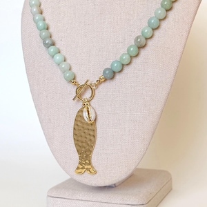 Amazonite Fish Necklace, Coastal Gemstone Jewelry, Cowrie Shell Charm, Gold Toggle, Gift for Her