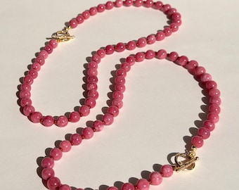 Strawberry Jade Necklace | Pink Gemstone Necklace | Colorful Summer Jewelry | Gold Toggle Clasp