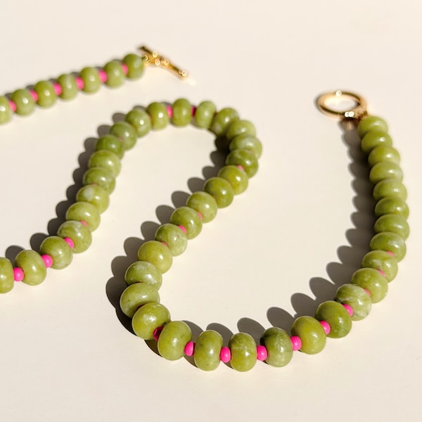 Handmade Green Jade and Pink Beaded Necklace: Minimalist Statement Jewelry