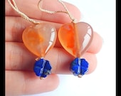 New,Unique Cherry Blossom Agate With Lapis Lazuli Carved Flower Gemstone Design Earring Bead,Gorgeous Set.18x8mm,9x5mm,8.6g -T6112