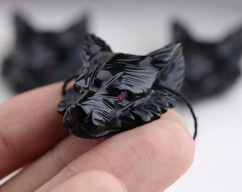 Carved Natural Obsidian with Ruby Eyes Wolf Head Gemstone Pendant Bead, Black Wolf Pendant For Necklace, Best Gift For Him 31x25x13mm 25g