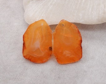 Nugget (Rough Sides) Natural Orange Agate Gemstone Earring Beads, Unique Stone Earring Pair, 26x18x2mm, 6.2g - E17000