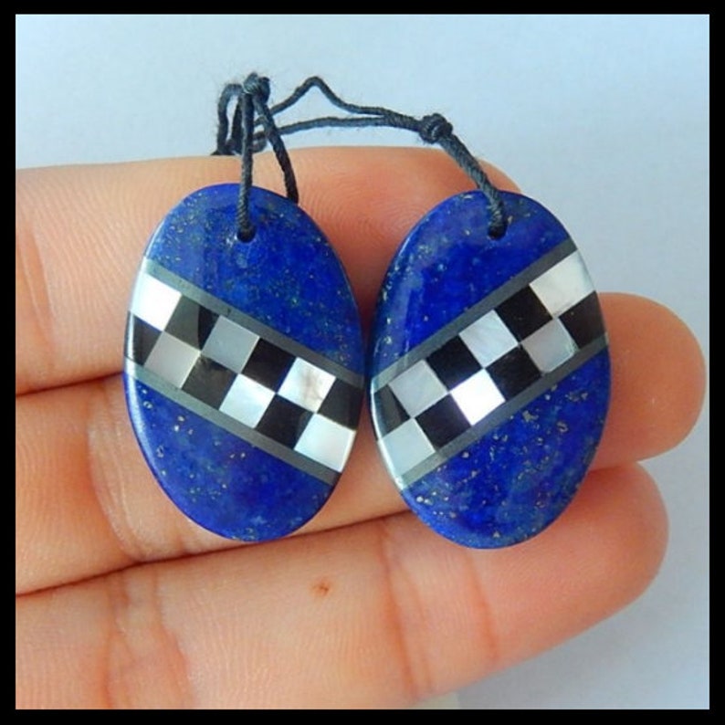 New Design-Lapis Lazuli,Shell,Obsidian Intarsia Earring set,26X17X3mm,5.4g TOPM0622