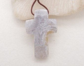 Carved Natural Blue Lace Agate Cross Shape Gemstone Pendant Bead, Unique Cross Pendant, Drilled Pendant, 40x26x7mm, 11.5g - E19235