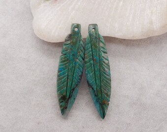 Natural Gemstone Carved Chrysocolla Leaf Earring Beads, Popular Gemstone Earring Pair, Beautiful Earrings, 41x11x5mm, 6.3g - E17654