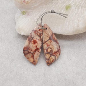 Natural Orbicular Rhyolite Bird&#39;s Eye Jasper Gemstone Earring Beads, Drilled Cabochons, Handmade Earrings, 33x14x4mm, 4.1g - E29595