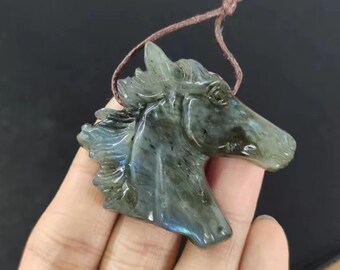 Handmade Carved Flash labradorite Horse Head Gemstone Pendant, Popular Animal Pendant, 43x39x10mm, 26.8g - E17832