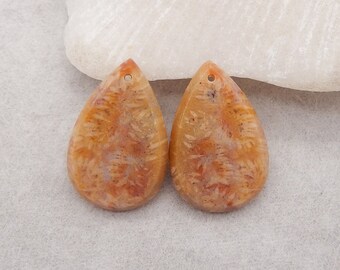 Natutural Indonesian Fossil Coral Gemstone Earring Beads, Drilled Flatback Cabochon Pair, 26x17x3mm, 4.6g - E18789