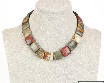 Collar de cuentas sueltas de jaspe Picasso natural multicolor de 1 hebra de 43 cm, diseño de piedras preciosas, para hacer joyas, 109 g, 20 x 20 x 7 mm - HS030