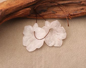 Carved Natural Rose Quartz Flower Gemstone Earring Beads, Popular Stone Flower Earring Pair, Jewelry DIY Making, 30x24x9mm, 8.9g - M1377