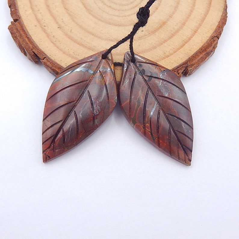 Carved Multi-Color Picasso jasper Leaf Earrings,35x18x4mm,7.4g-S9390 New Arrival