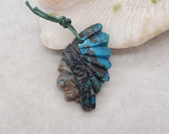 Colgante de cabeza india de crisocola natural tallada, colgante único para collar, regalo de piedra preciosa, 47 x 28 x 7 mm, 14,1 g - SS5044