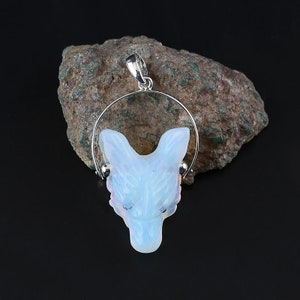 Popular Gemstone Gift! 925 Sterling Silver Natural Hand Carved Opalite Wolf Head Pendant, Gift For Him, 25x17x10mm, 5.1g - BTF006