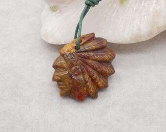 Colgante de piedra preciosa con cabeza india de ágata roja natural tallada de los Estados en Guerra, ideal para regalo, 33 x 29 x 6 mm, 9 g - SS5041
