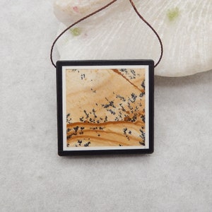 Natural Obsidian And Picture Jasper Intarsia Gemstone Pendant Bead, Side Drilled Necklace Pendant, 34x33x5mm, 15.2g - E19403