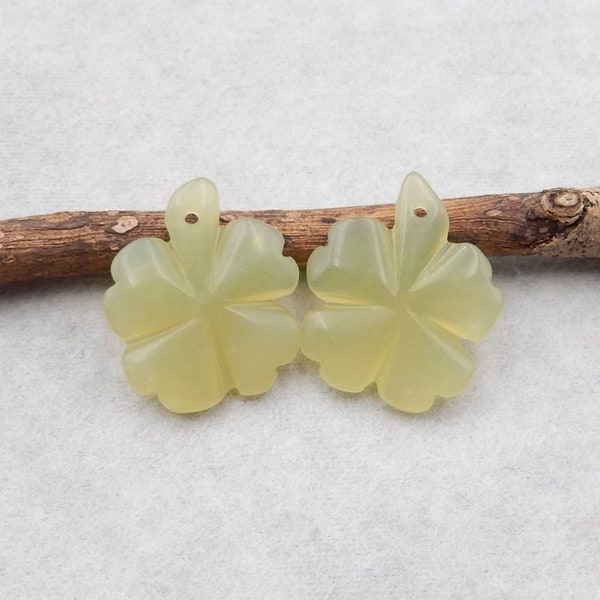 Carved Nephrite Jade Leaf Shape Gemstone Earring Beads, Stone Lucky Clover Earrings, Popular Earring Pair, 28x24x5mm, 9g - E19399