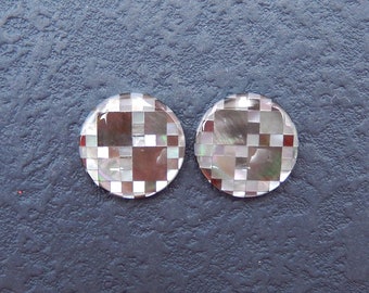 Shell and Silver Shell Intarsia Round Gemstone Cabochon Pair, Mosaic Cabochon Pair, Jewlery DIY Making, 14x2mm, 1.3g