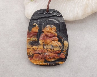 Unique Buddha Pendant, Carved Buddha Multi-color Picasso Jasper And Obsidian Intarsia Pendant Bead, 53x38x6mm, 21.7g - E19253