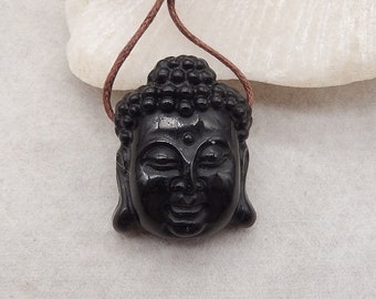 Black Buddha Pendant! Carved Natural Obsidian Buddha Head Gemstone Pendant Bead, Popular Buddha Head, 30x24x12mm, 12g - E19047