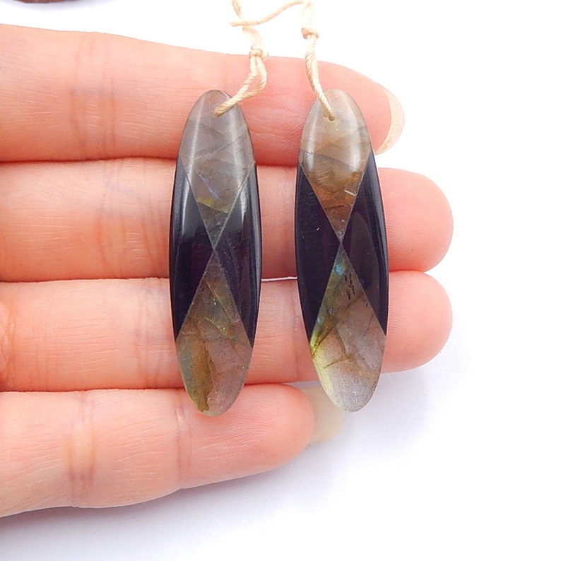 New,Labradorite,Obsidian Intarsia Gemstone Earring Bead Precious Stone Bead Gem Custom 43x12x5mm,8g,-S8797