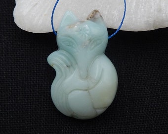 Gemstone Animal Pendant Bead, Hand Carved Amazonite Fox Gemstone Pendant, Jewelry DI Making, 36x23x9mm, 10.5g - E19233