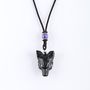 New! Handmade 26 Inch Natural Obsidian Wolf Head Pendant Necklace, Popular Stone Wolf Necklace, Best Gift For Him, 35x25x13mm, 14g - JJ661