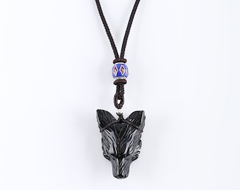New! Handmade 26 Inch Natural Obsidian Wolf Head Pendant Necklace, Popular Stone Wolf Necklace, Best Gift For Him, 35x25x13mm, 14g - JJ661