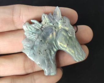 Handmade Carved Flash labradorite Horse Head Gemstone Pendant, Popular Animal Pendant, 42x38x9mm, 28.7g - E18223