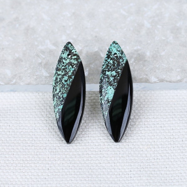 Natural Obsidian And African Turquoise Intarsia Gemstone Earring Beads, Matched Earring Pair, Earrings Wholesale, 30x10x4mm, 4g