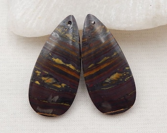 Natural Gemstone Iron Tiger's Eye Earring Beads, Matched Gemstone Pair, Drilled Cabohcon Pair, 33x15x4mm, 9g - E16104