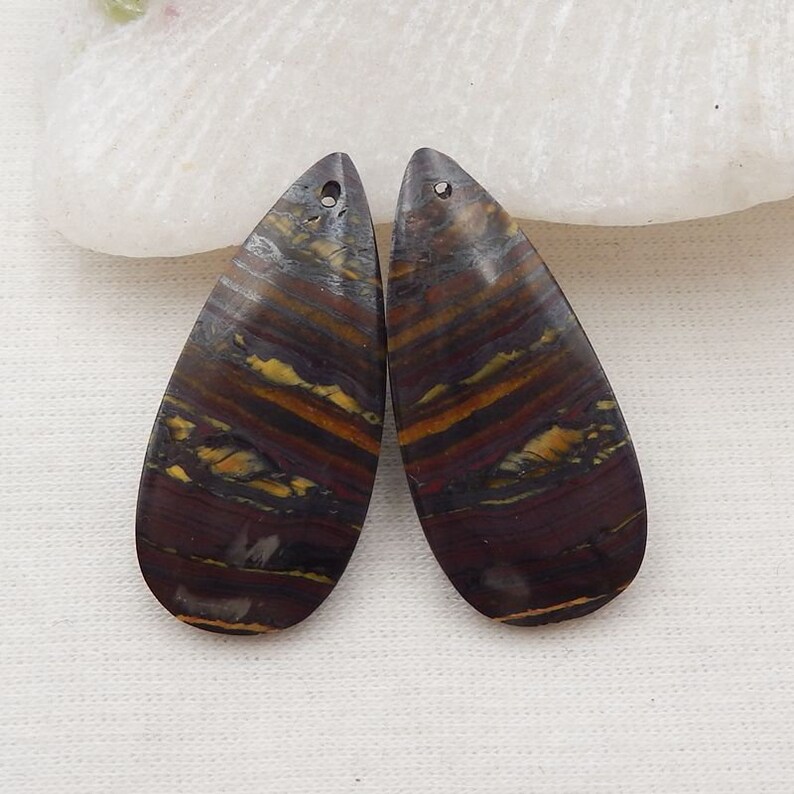 Natural Gemstone Iron Tiger's Eye Earring Beads, Matched Gemstone Pair, Drilled Cabohcon Pair, 33x15x4mm, 9g E16104 image 1