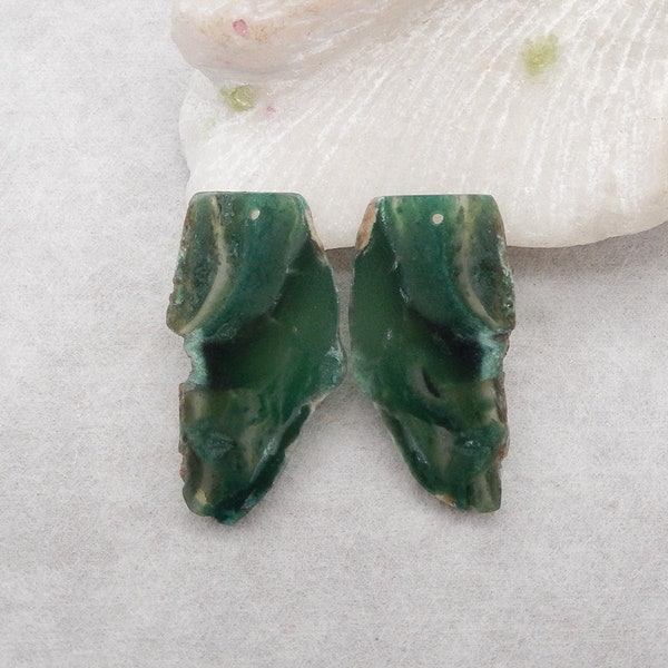 Nugget (Rough Sides) Green Chalcedony Gemstone Earring Beads, Drilled Green Earring Pair, 36x19x3mm, 9.1g - E17491