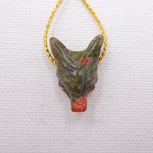 Carved Natural Unakite Jasper Wolf Head Gemstone Pendant Bead, Popular Stone Animal Pendant For Necklace, 23x16x11mm, 5.1g - E10235