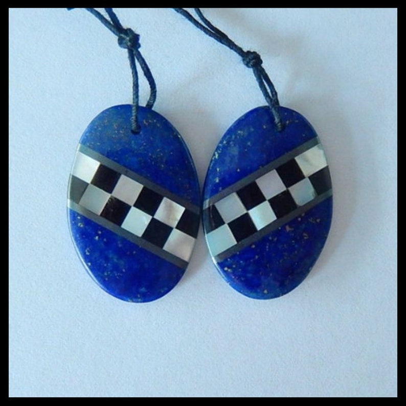 New Design-Lapis Lazuli,Shell,Obsidian Intarsia Earring set,26X17X3mm,5.4g TOPM0622