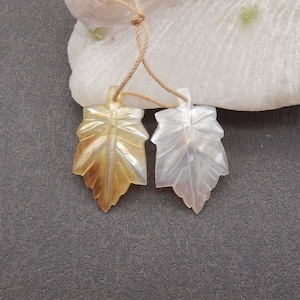 New! Carved Natural Stone Mother Of Pearl Leaf Earring Beads, Drilled Cabochons, Popular Earring Pair, 29x17x2mm, 3.7g - E24279