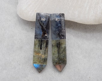 Popular Earrings, Natural Blue Kyanite, Green Kyanite And Labradorite Intarsia Gemstone Earring Beads, 34x8x4mm, 5.9g - SS2665