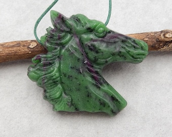New Arrival! Carved Natural Stone Ruby And Zoisite Horse Head Pendant Bead, Popular Stone Animal Pendant, 42x39x9mm, 28.6g - E18219