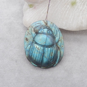 Carved Natural Flash Labradorite Beetle Gemstone Pendant Bead, Unique Pendant For Jewelry DIY Making, 39x32x9mm, 13.9g - SS3153