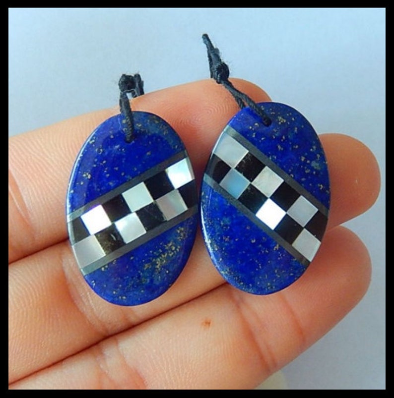 New Design-Lapis Lazuli,Shell,Obsidian Intarsia Earring set,26X17X3mm,5.4g TOPM0622