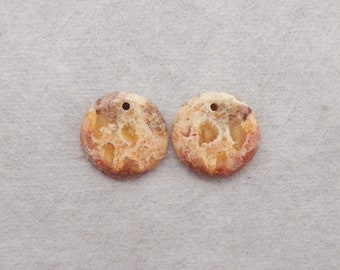 Natural Indonesian Fossil Coral Round Gemstone Earring Beads, Drilled Flatback Cabochon Pair, 13x2mm, 1.6g - E18790